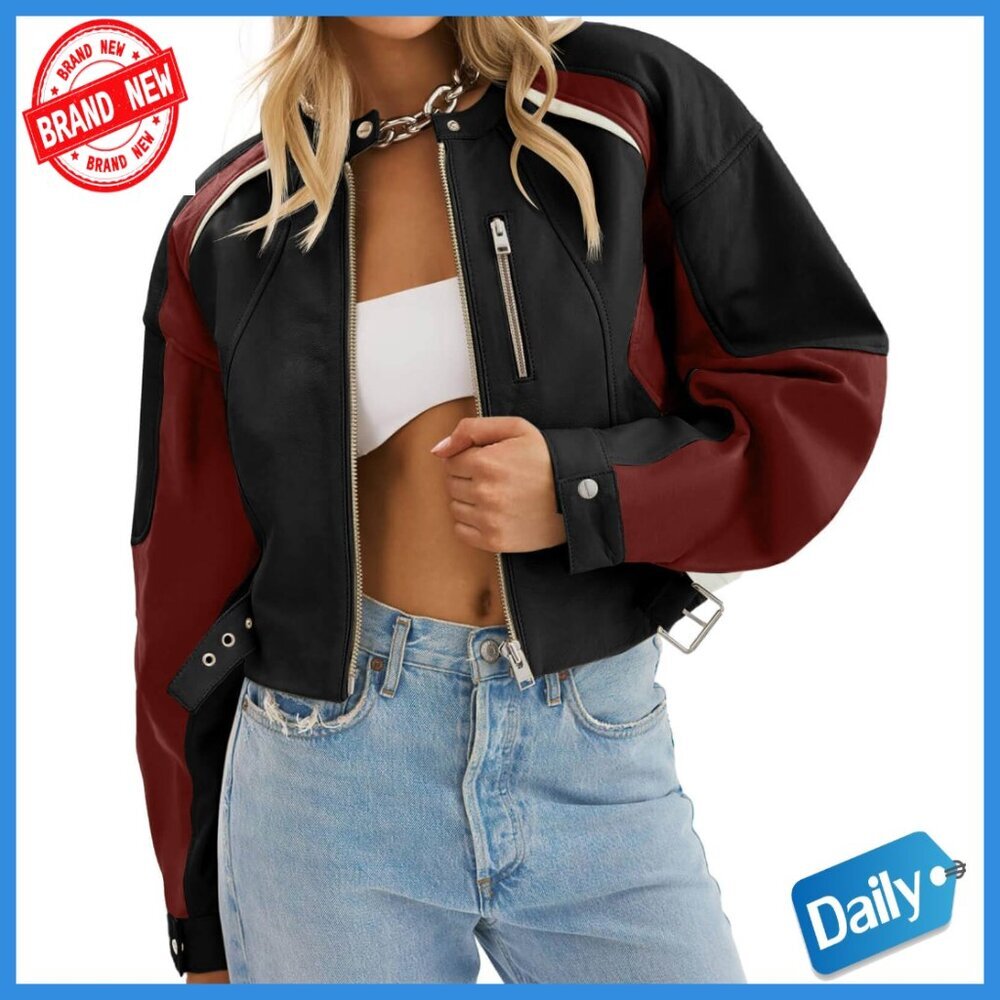 Faux Leather Bomber Jacket Cropped Zip Up Color Block Moto Style